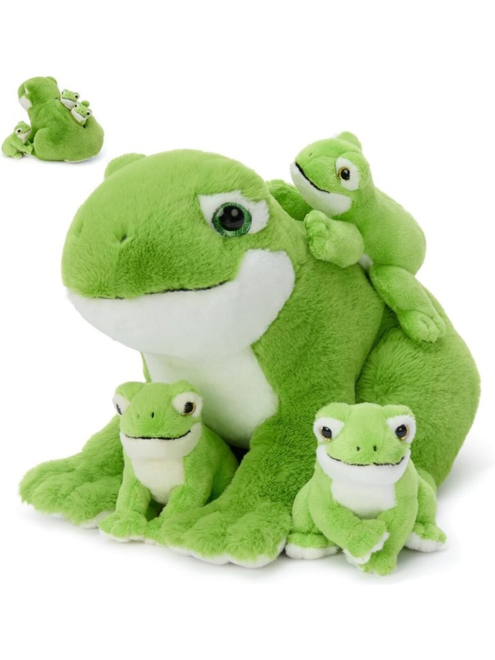 15.7 Inch Green Frog Plush Family Set with 3 Babies - Soft Stuffed Animal Toy
